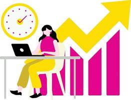 Vector illustration of a businesswoman sitting at a desk with a laptop and a clock