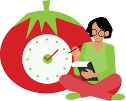 mujer con tomate y reloj terminado blanco antecedentes. vistoso diseño. vector ilustración