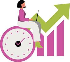 Vector illustration of a businesswoman sitting at a desk with a laptop and a clock