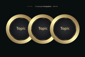 Three circles option vector, luxury, and premium options, set of three gold circles buttons infographic, 3 premium elements, golden steps banner, template infographic vector