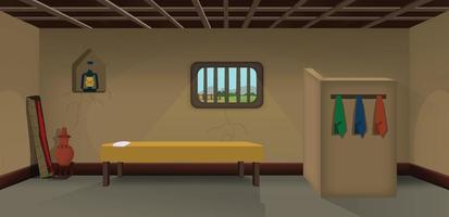 Village room inside vector, poor mud house room interior cartoon background illustrations. vector