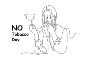 Continuous one-line drawing a woman using oxygen because of smoking. No tobacco day concept single line draws design graphic vector illustration