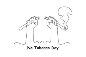 Continuous one-line drawing both hands cutting cigarettes. No tobacco day concept single line draws design graphic vector illustration