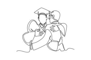 Single one-line drawing a graduate hud his parent. Graduation concept. Continuous line draw design graphic vector illustration.