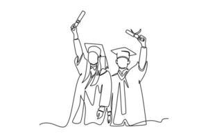 Single one-line drawing two best friends hugging on graduation day. Graduation concept. Continuous line draw design graphic vector illustration.