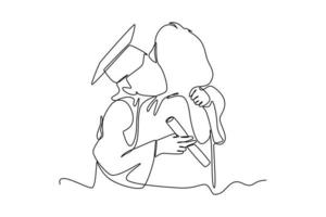 Single one-line drawing a woman hugging her mother on graduation day. Graduation concept. Continuous line draw design graphic vector illustration.