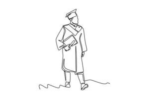 Single one-line drawing a male graduate walking proudly on his graduation day. Graduation concept. Continuous line draw design graphic vector illustration.