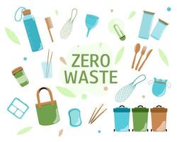 Zero waste concept. Collection of durable and reusable items or products. Eco lifestyle. Flat vector illustration.