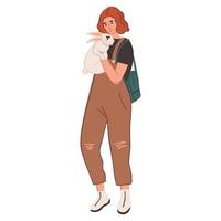 A happy woman holds a white rabbit. The woman smiles at the funny bunny. Isolated illustration vector