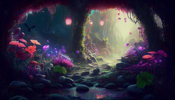 Magic Forest Beauty Nature Flowers Plants Trees Neon Lights Colorful Digital AI Illustration photo