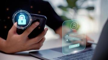 Cybersecurity and privacy concepts to protect data. Businesswomen protecting personal data on tablets and virtual interfaces.  Lock icon and internet network security technology. photo