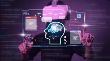 Women using technology smart robot AI, Chatbot Chat with AI, Artificial Intelligence.  artificial intelligence by enter command prompt for generates something, Futuristic technology transformation. photo