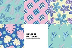Vintage style blooming flowers and leaves background set. Floral seamless patterns for fabric, fashion and wallpapers. Artistic doodles on the colorful backdrops. Scandinavian vector style.
