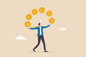 Currency exchange, international money transfer or foreign exchange, forex trading, global financial economy or currency convert concept, rich businessman juggling various international money coins. vector