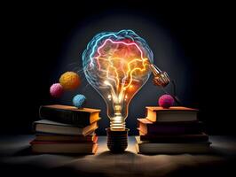 Colorful Collage of Education, Lightbulb, Brain, Book and Intelligence. photo