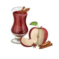 Vector red apple with a glass of mulled wine cinnamon and bayan, a collection of cut still lifes, a sliced natural apple with a green leaf and a stem on a white background. Cartoon style.eps 10