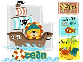 Funny lion cartoon on sailboat with marine animals, pirate element illustration vector