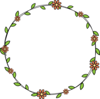 Hand drawn circle frame decoration element with leaves and flowers clip art png