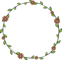 Hand drawn circle frame decoration element with leaves and flowers clip art png