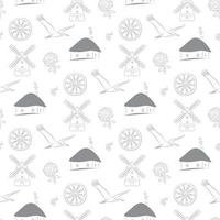 White square background with hand drawn Ukrainian village attributes, seamless pattern, white and gray background vector