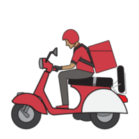 Kurier auf ein Jahrgang Motor- Fahrrad. Karikatur Charakter. ausdrücken Lieferung Konzept. png