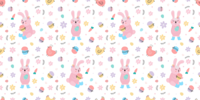 Easter festive seamless pattern with rabbits, cakes, eggs, willow png