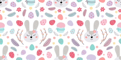 seamless Easter pattern with bunny. Pattern with Easter bunny, eggs, cake png