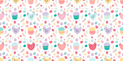 Easter seamless pattern. Background with chickens ,eggs, cakes png