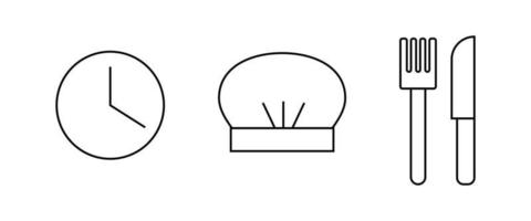 Cooking line icons. Boiling time, fork and knife, chef hat line icons. vector