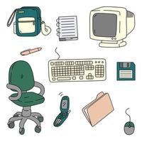 A set of vector illustrations in cartoon style. Workplace, home office. Retro items for work