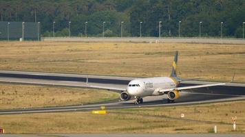 FRANKFURT AM MAIN, GERMANY JULY 19, 2017 - Airbus A320 Condor braking after landing at 07L. Fraport, Frankfurt, Germany video