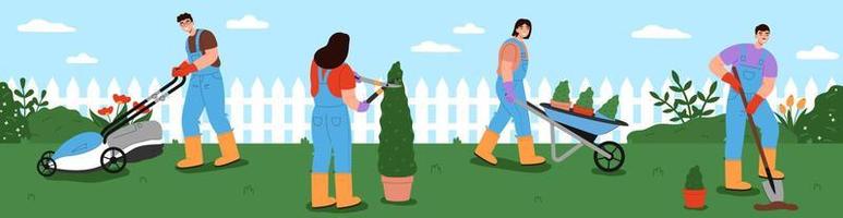 Young people working together in garden. Women and men mowing the lawn, digging, pruning bushes, and hauling wheelbarrow. Banner of the importance of teamwork and equal contribution in garden care. vector