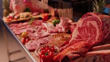 Table with meat and vedetable for a butcher competition. video