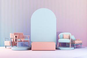 interior design concept of home decorations and furniture During promotions and discounts, surrounded by chair, sofa, armchair and advertising spaces. Pastel rainbow colored background. 3d render photo