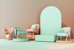 interior design concept of home decorations and furniture During promotions and discounts, surrounded by chair, sofa, armchair and advertising spaces. Pastel rainbow colored background. 3d render photo