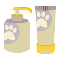 A set of shampoos with a dispenser and paws for animals, cats, dogs, animal care. vector