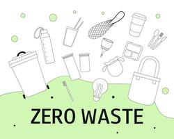 Zero waste. Black and white no plastic objects. Go green. Environmental protection. Zero waste vector illustration set. Earth Day. Infographic.