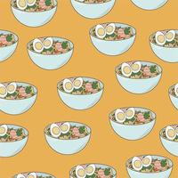 Seamless pattern with bowl with ramen and on yellow background. Illustration on the theme of asian food vector