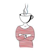 Cup head. Girl with a mug of hot tea or coffee instead of her head. vector