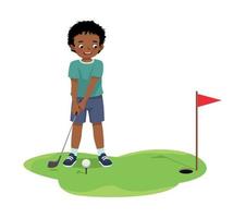 Cute little African boy playing golf ready to hit ball aiming at the hole vector