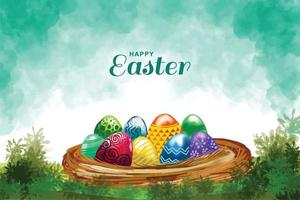 Happy easter colorful painted egg and rabbit ears card background vector