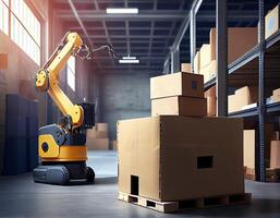 Robot center of logistic storage,robot arm with box working in the material industrial. photo