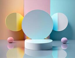 Abstract 3d podium for product presentation with geometric shapes, Empty round podium,Platforms for product presentation with shadows and light background. photo