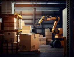 Robot center of logistic storage,robot arm with box working in the material industrial. photo