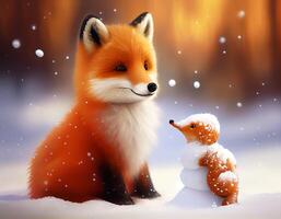 Cute little fox in the forest,Cartoon fox animation fantasy style,Baby fox standing winter season background. photo