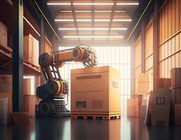 Robot center of logistic storage,robot arm with box working in the material industrial.Generative Ai photo