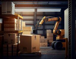 Robot center of logistic storage,robot arm with box working in the material industrial. photo