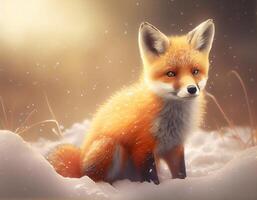 Cute little fox cartoon in the forest,Cartoon fox animation fantasy style,Baby fox standing winter season background.Generative Ai photo