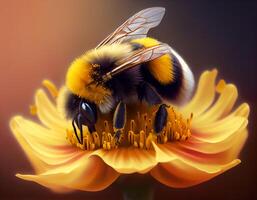 Marco bee pollinating and covered in beautiful flower pollen. photo