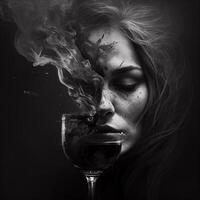 Bad girl or drugs concept a girl with smoke and drink with wine glass generative ai photo
